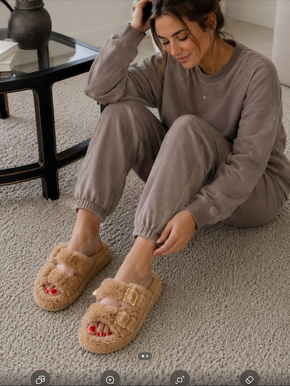 Faux-Fur Buckle Slide Slippers in Tan - Women